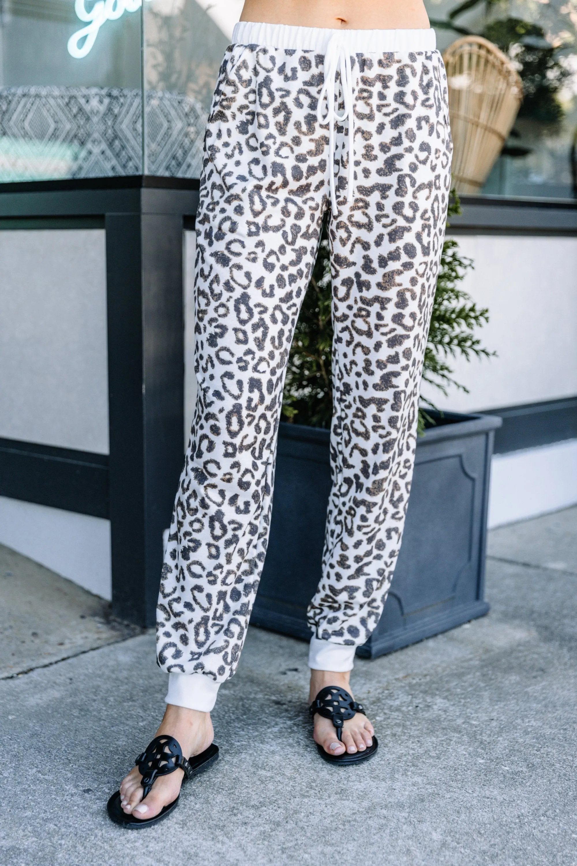 Here To Get Cozy Ivory White Leopard Joggers