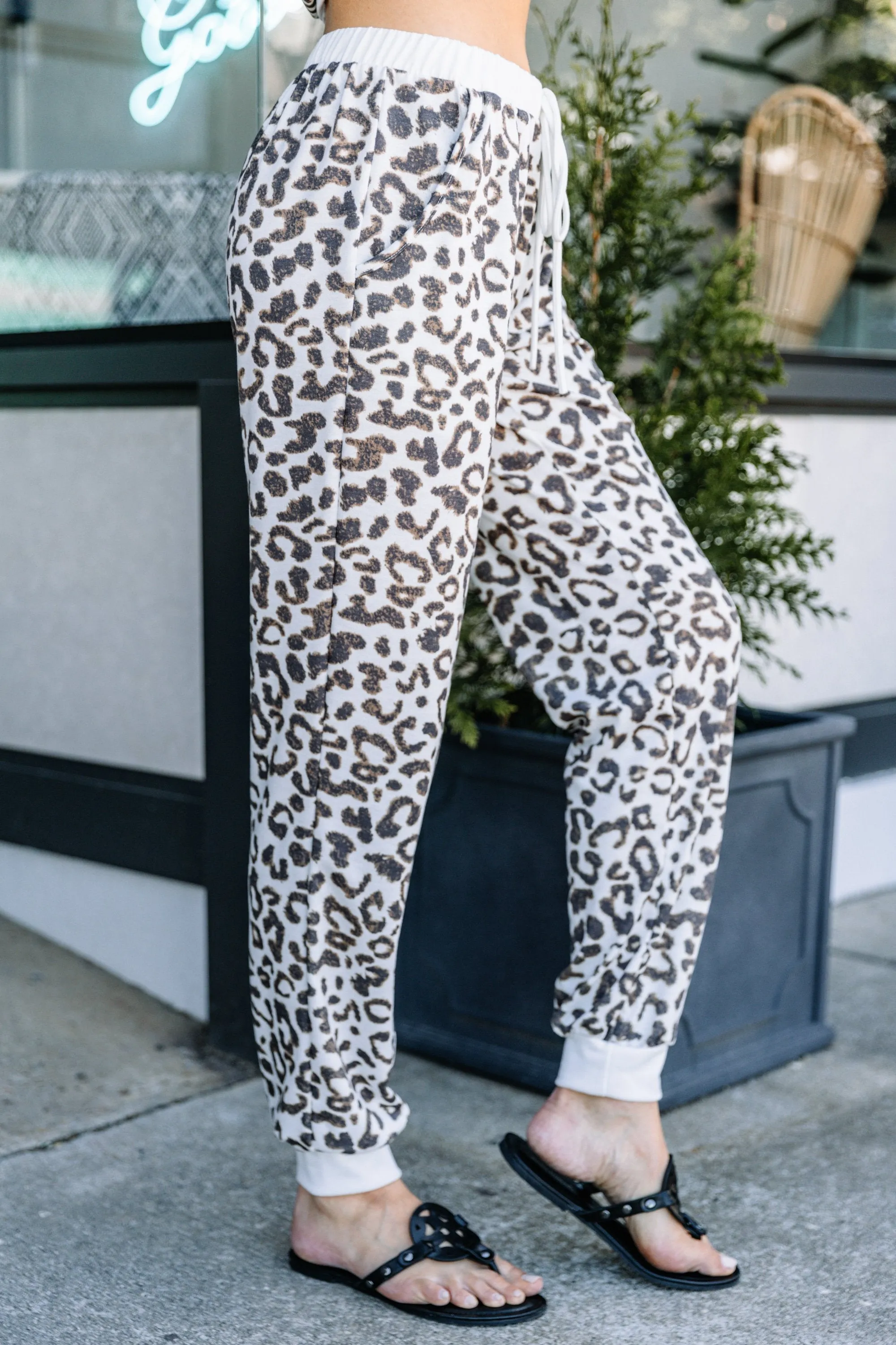 Here To Get Cozy Ivory White Leopard Joggers