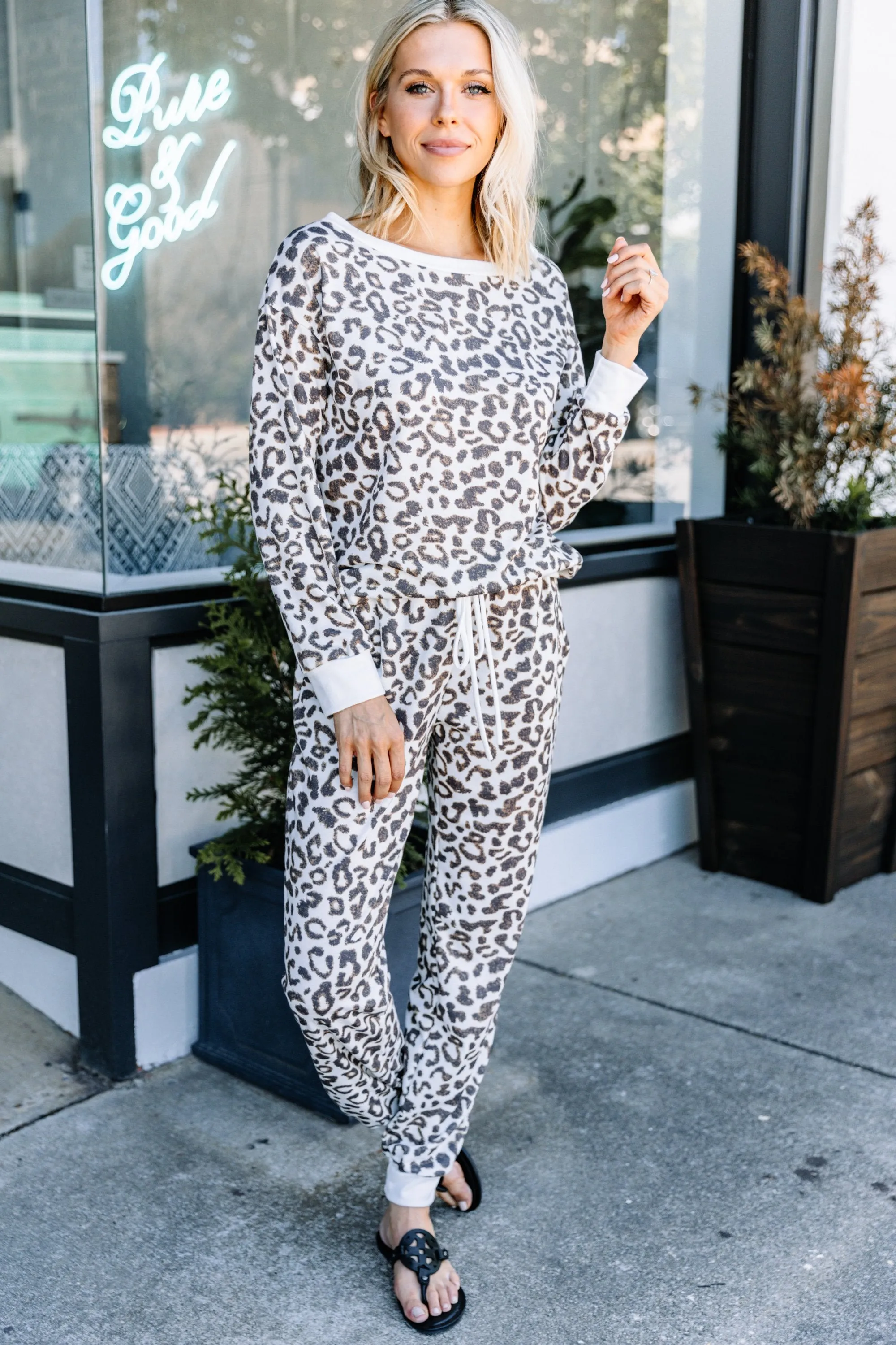 Here To Get Cozy Ivory White Leopard Joggers