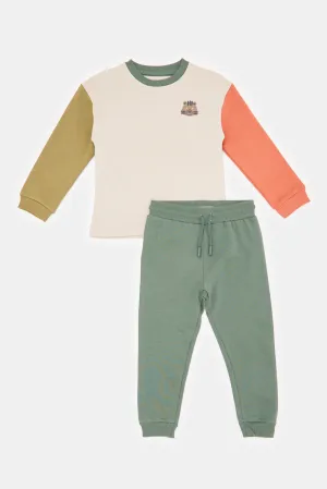 Infant Boys Beige Colour Block Jogging Suit Set (2 Piece)