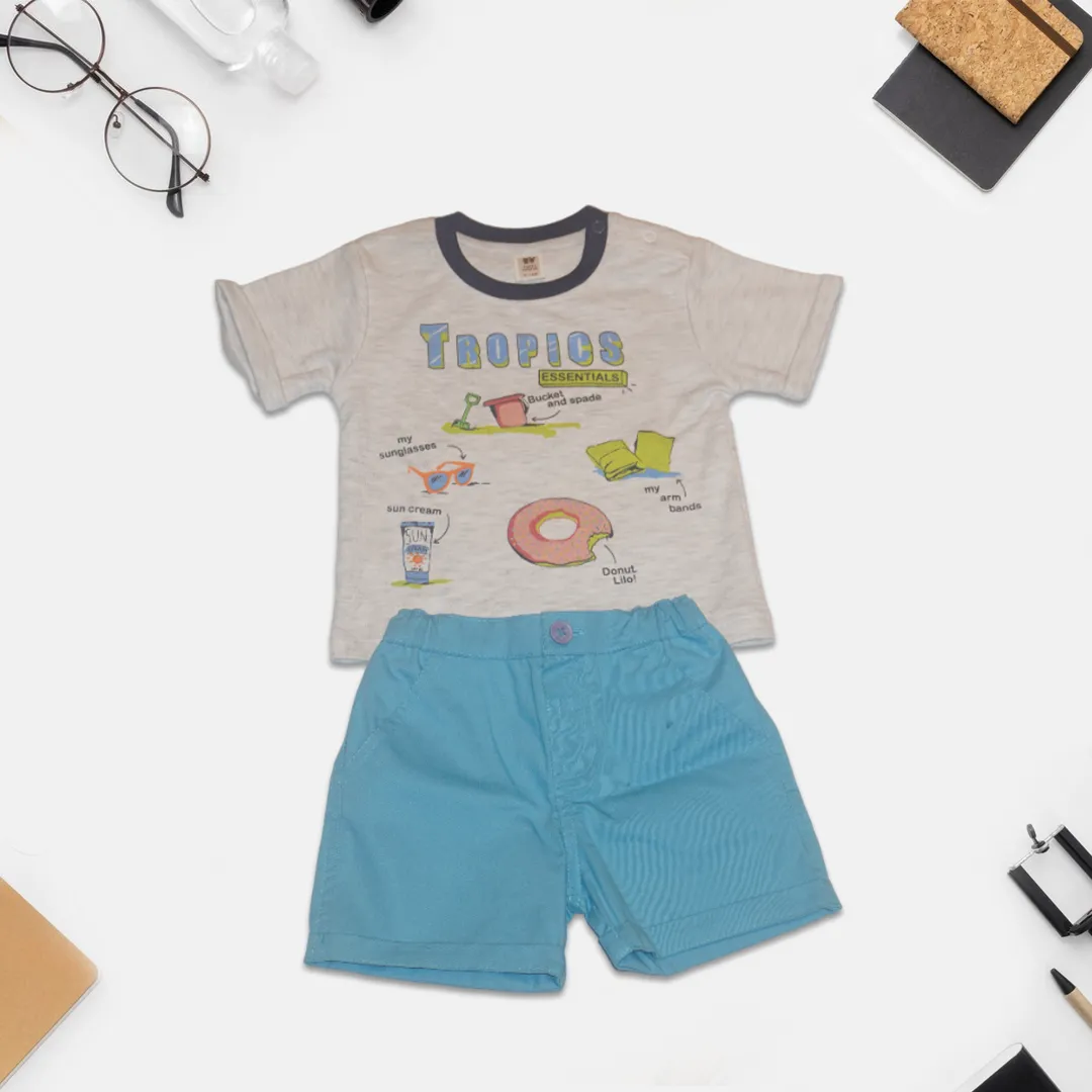 Kids Grey and Blue Printed T-Shirt and Shorts Set