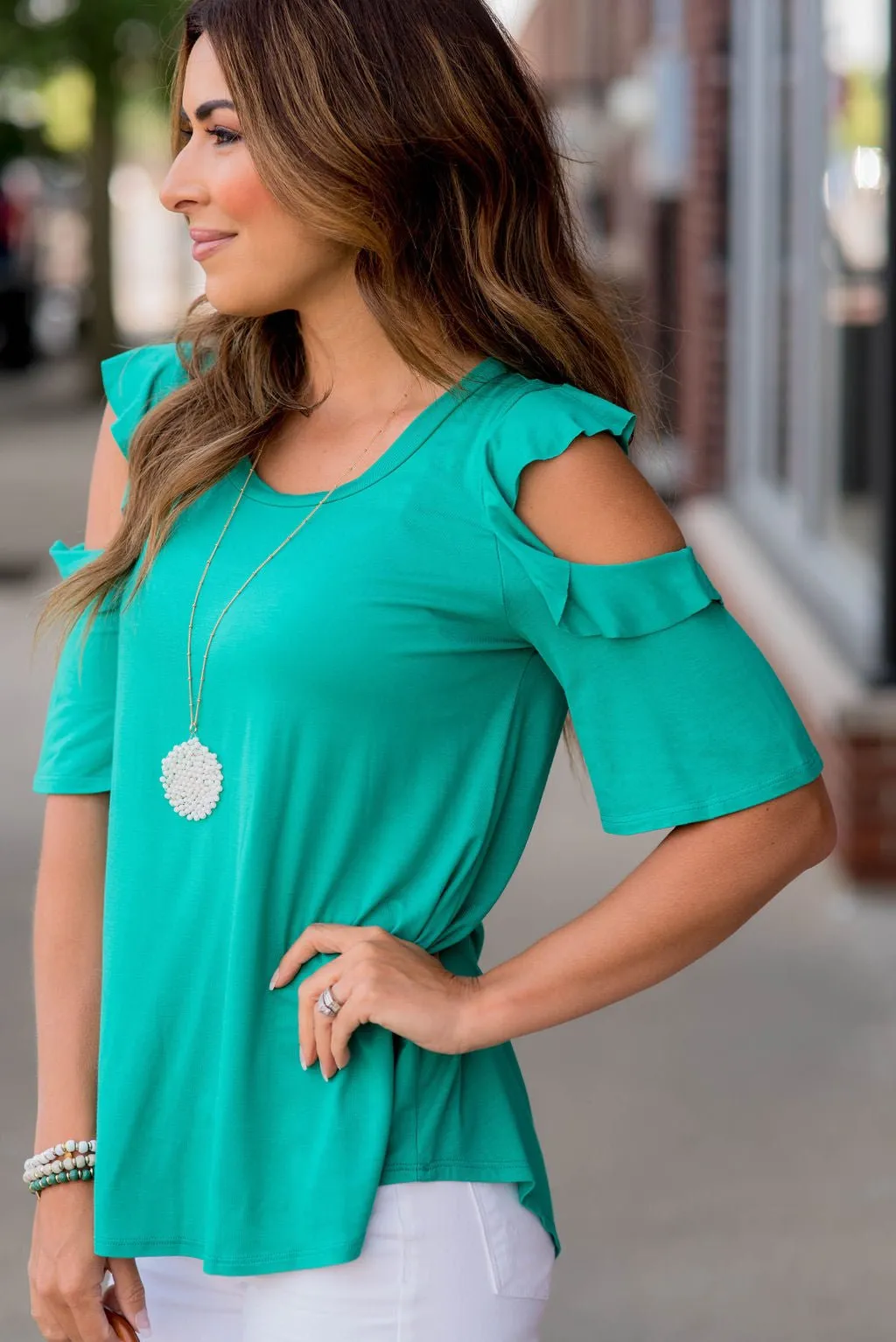 Lightweight Ruffle Cold Shoulder Tee