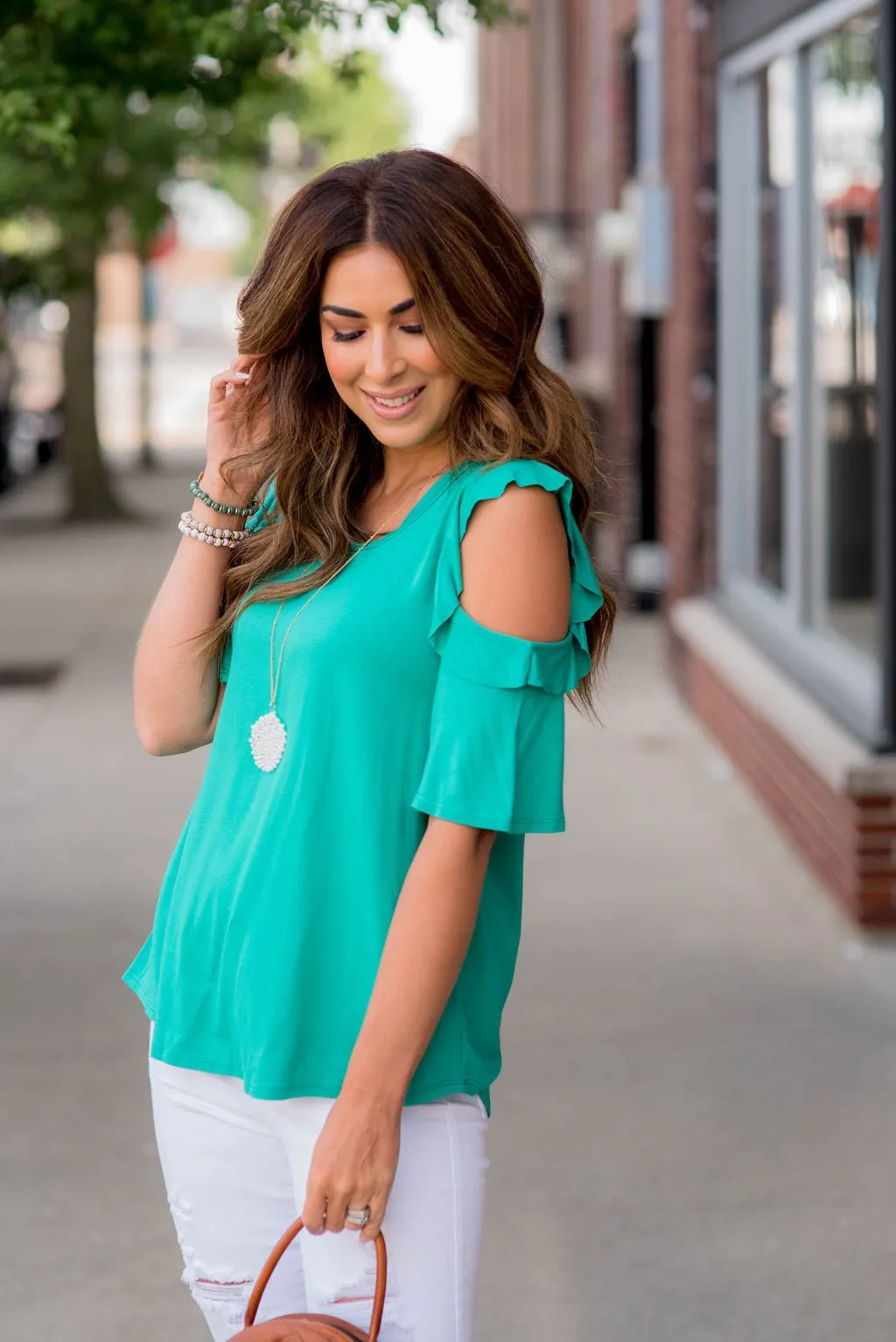 Lightweight Ruffle Cold Shoulder Tee