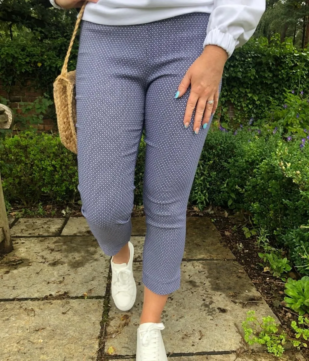 Navy Diamond Print Crop Trousers