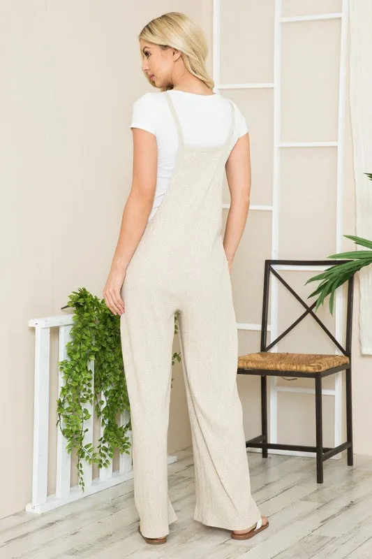 Oatmeal Wide Leg Premium Cotton Rib Overalls