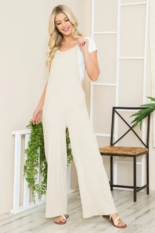 Oatmeal Wide Leg Premium Cotton Rib Overalls