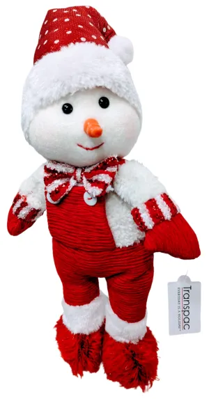 Plush Standing Snowman Wearing Red Overalls with Red/White Hat