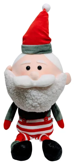 Plush Whimsy Santa with Oversized Head Wearing Santa hat & Red Striped Overalls