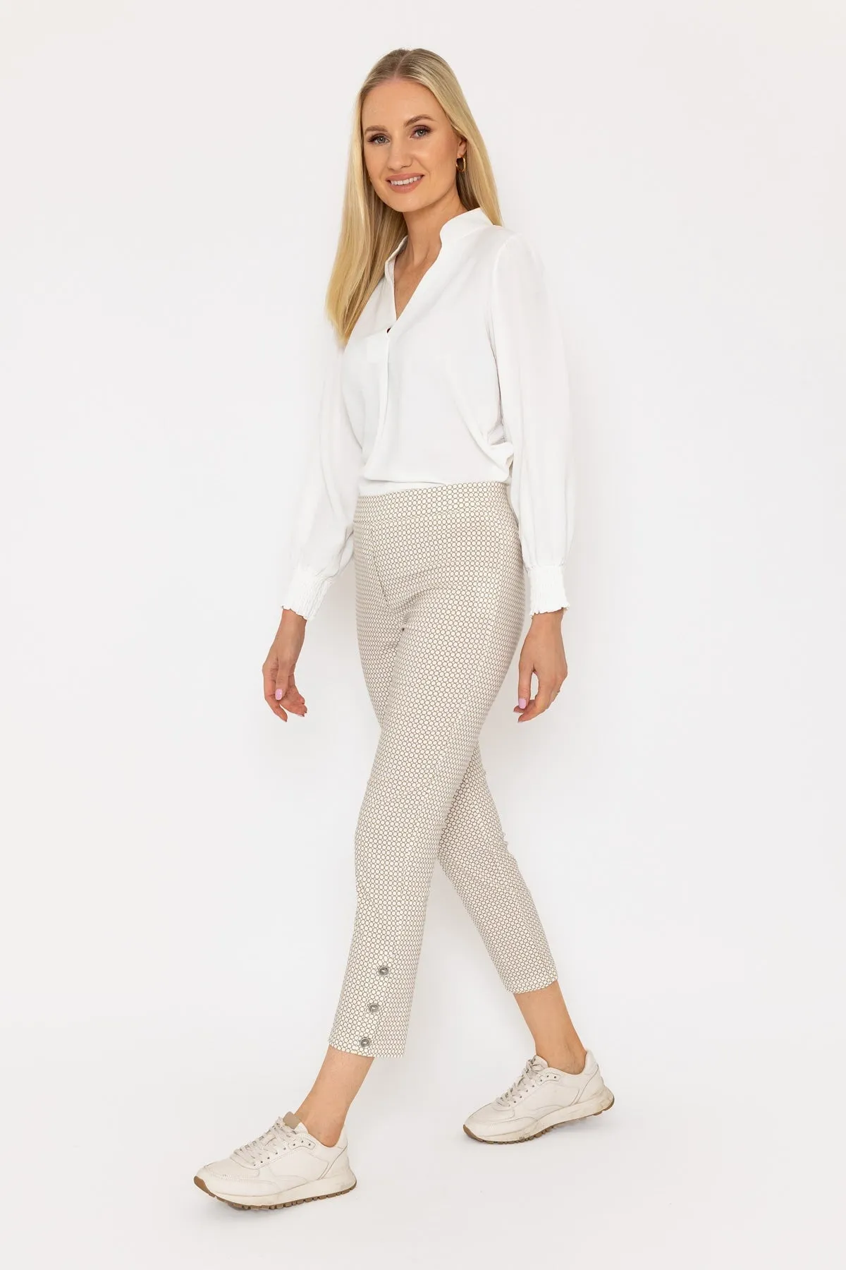 Print Button Trousers in Sand