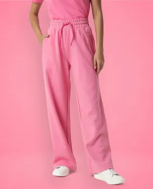 Rareism Women Capsule Flouroscent Pink Cotton Blend Fabric Relaxed Fit Solid Mid Rise Ankle Length Track Pant