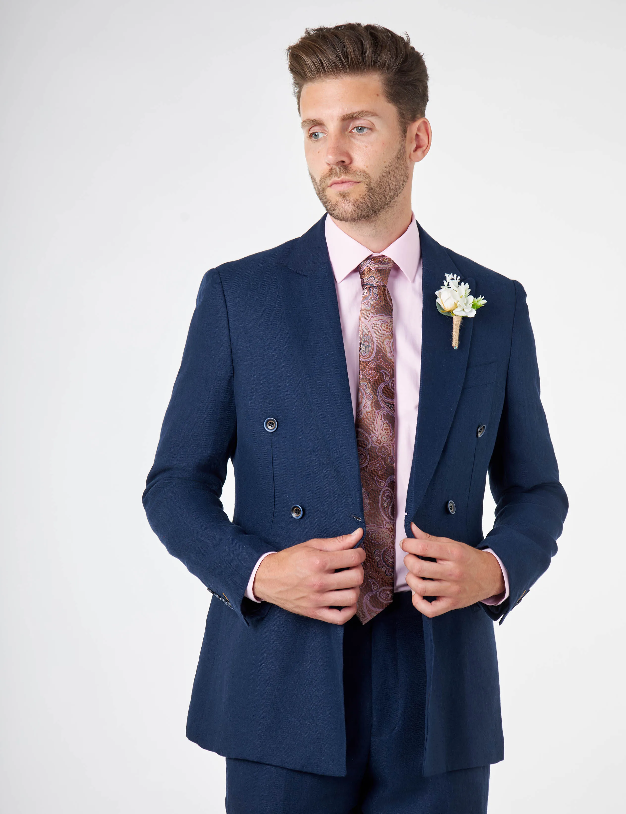 RAY - Tailored Fit Navy Herringbone Linen Double Breasted Jacket