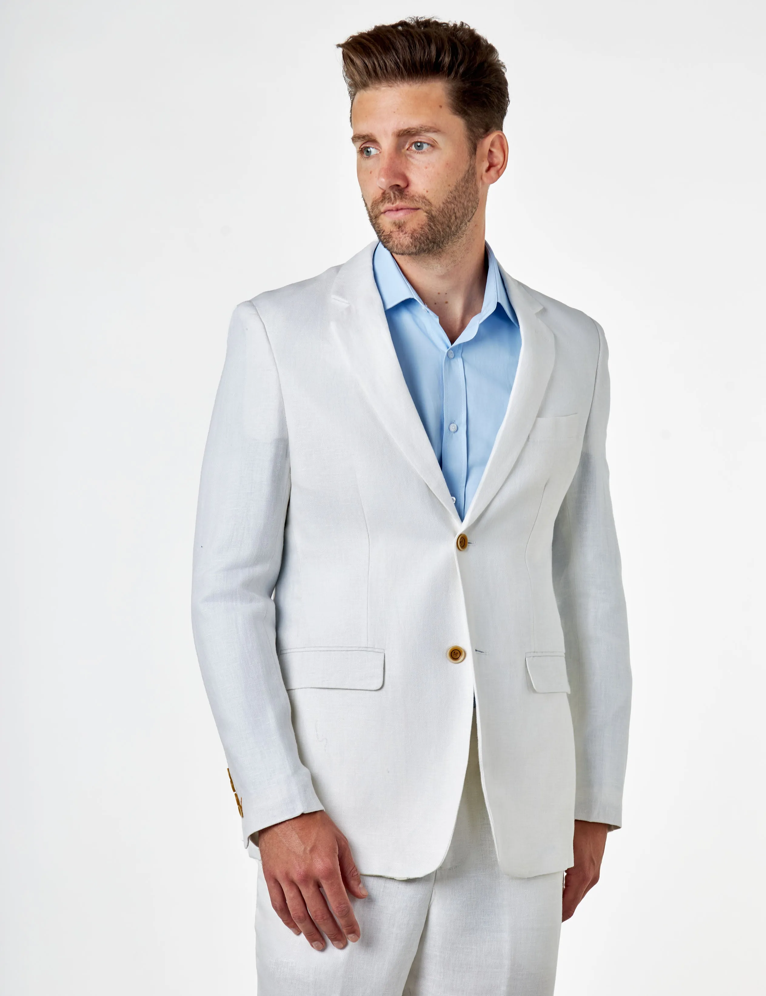 RAY - Tailored Fit Off White Herringbone Linen Suit Jacket