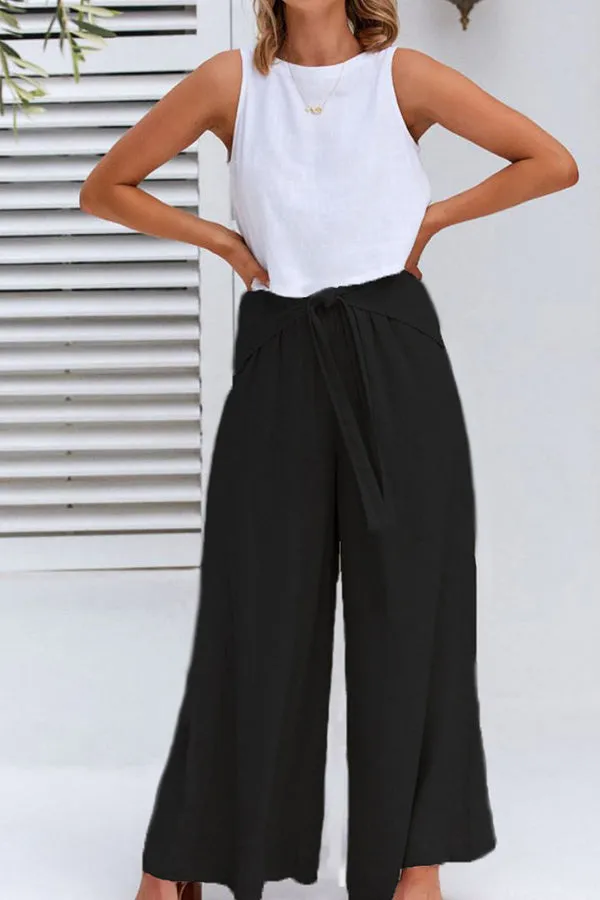 Spring and summer cotton and linen design sense strap loose wide-leg casual trousers