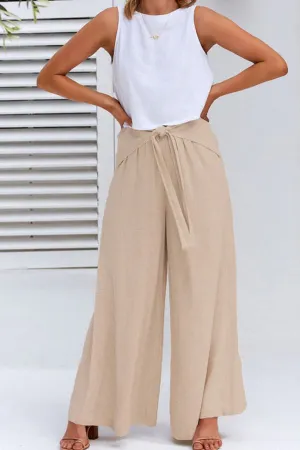 Spring and summer cotton and linen design sense strap loose wide-leg casual trousers