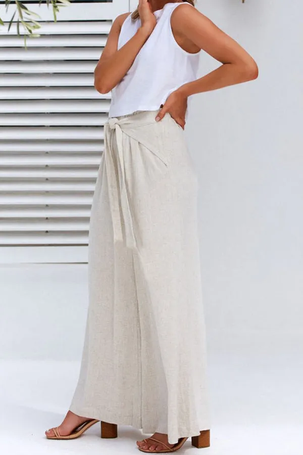 Spring and summer cotton and linen design sense strap loose wide-leg casual trousers