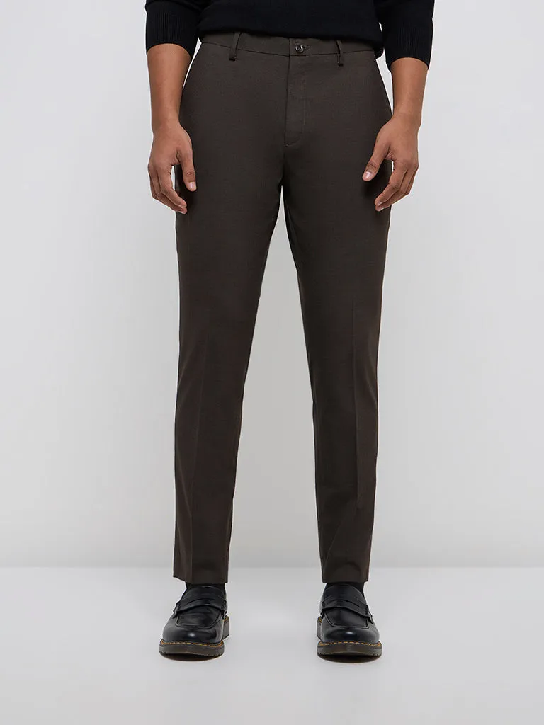 WES Formals Brown Slim-Tapered Mid-Rise Trousers