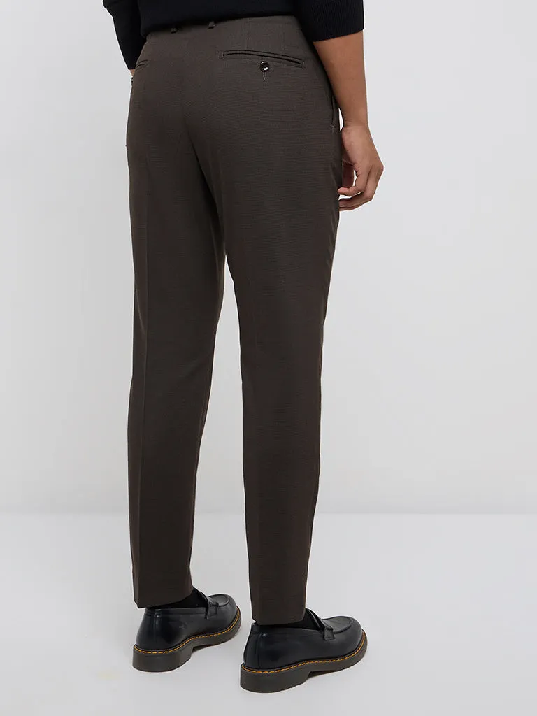 WES Formals Brown Slim-Tapered Mid-Rise Trousers