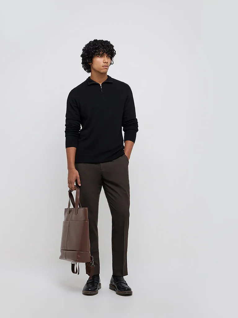 WES Formals Brown Slim-Tapered Mid-Rise Trousers