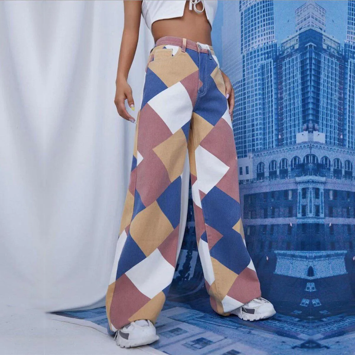 Y2K Harlequin Wide Leg Jeans